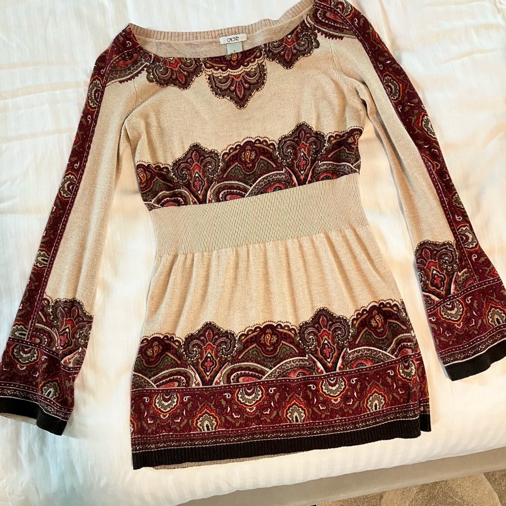 Cache tunic light sweater bohemian print red burgundy tan XS